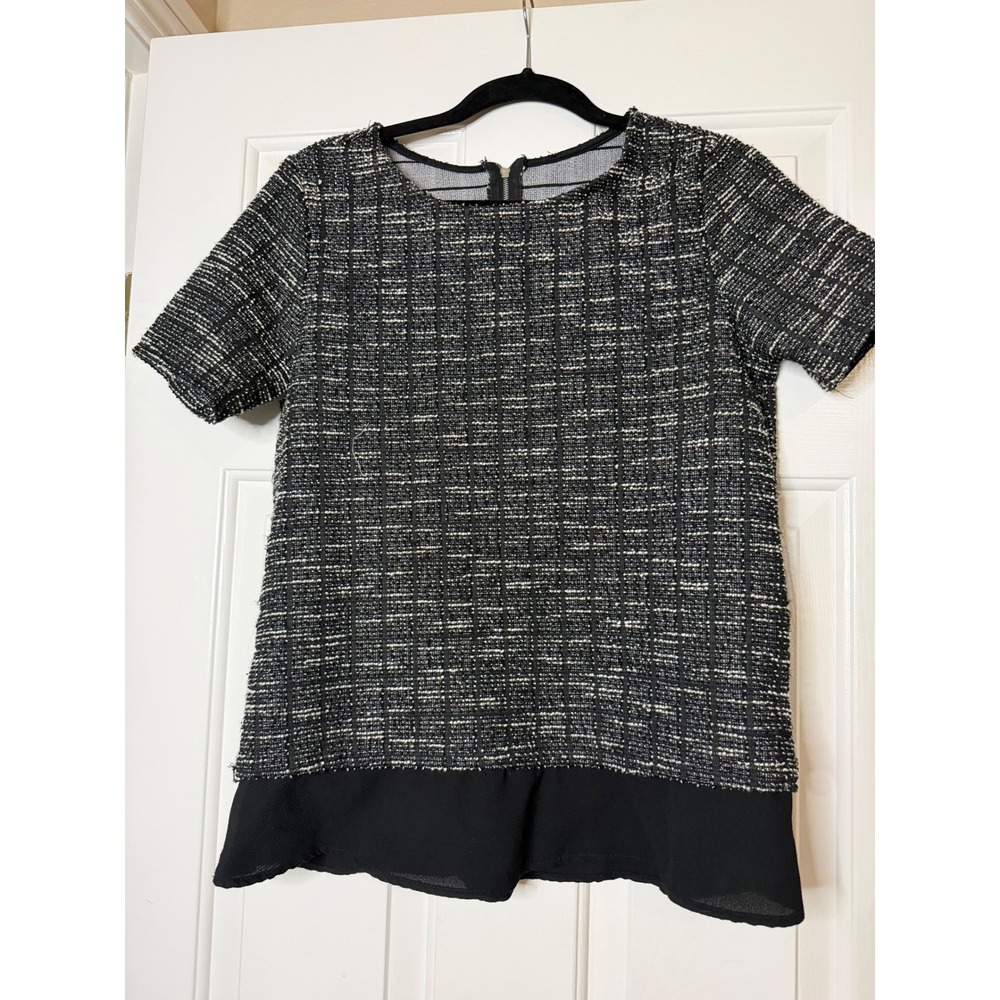 Black White Tweed Short Sleeve Top Sheer Chiffon Hem Back Zip Blouse Womens S